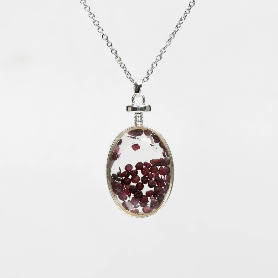 Crystal Chips In Oval Glass Pendant Necklace